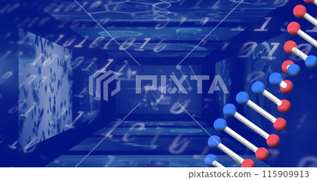 Dna structure spinning over screens on medical data processing against binary coding 115909913