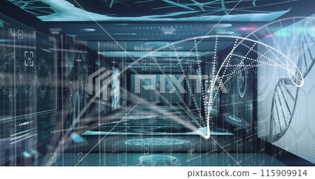 Dna structure spinning against screens on medical data processing on blue background Dna structure spinning against screens on medical data processing on blue background 115909914