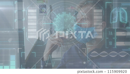 Digital interface with medical data processing against man wearing face mask writing on white board 115909920