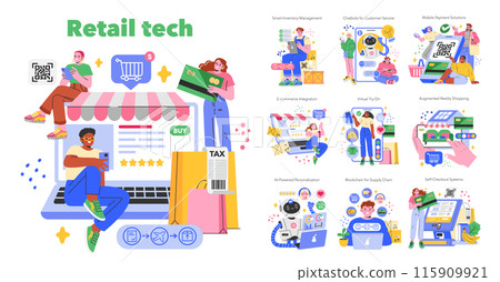 Retail Tech concept. Innovative technologies transforming shopping experience with AI, AR, and e-commerce solutions. Vector illustration. Retail Tech concept. Innovative technologies transforming shopping experience with AI, AR, and e-commerce solutions. Vector illustration. 115909921