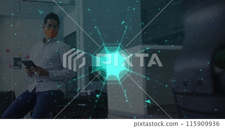 Globe of network of connections against man wearing face mask using digital tablet at office Globe of network of connections against man wearing face mask using digital tablet at office 115909936