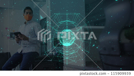 Globe of network of connections against man wearing face mask using digital tablet at office Globe of network of connections against man wearing face mask using digital tablet at office 115909939