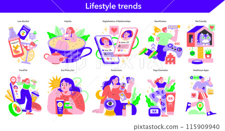Lifestyle trends set. Contemporary habits and popular activities. Health, technology, and pet care focus. Modern life visualized in vibrant vectors. Lifestyle trends set. Contemporary habits and popular activities. Health, technology, and pet care focus. Modern life visualized in vibrant vectors. 115909940