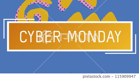 Image of cyber monday text on yellow banner, pink pink and yellow shapes on blue background 115909947