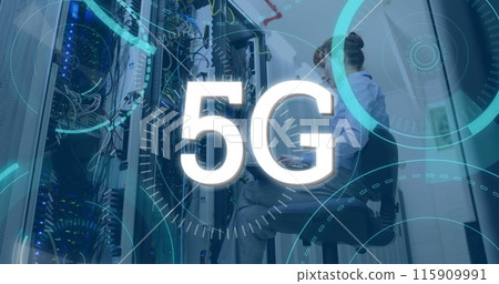 Digital image of futuristic circles moving around 5G with background of a woman checking server towe Digital image of futuristic circles moving around 5G with background of a woman checking server towe 115909991