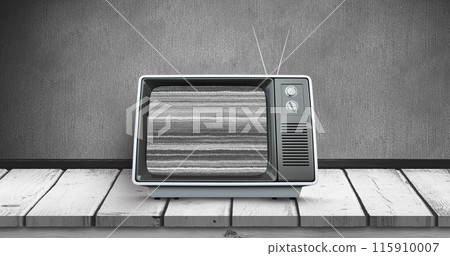 Digital image of an old television with static placed on a wooden deck Digital image of an old television with static placed on a wooden deck 115910007