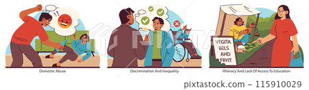 Societal issues set. Illustrates domestic abuse, discrimination, and educational challenges. Captures personal conflict, societal barriers, and learning opportunities. Flat vector illustration. 115910029