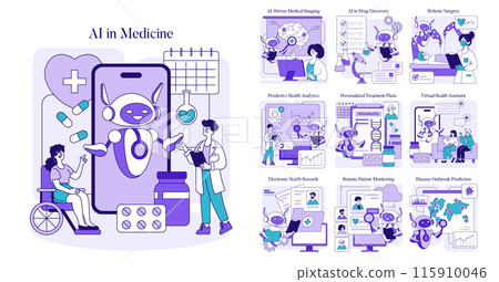 AI in Medicine set. Advancements in healthcare with artificial intelligence applications. Patient care, diagnostics, and treatment optimization vector illustration. AI in Medicine set. Advancements in healthcare with artificial intelligence applications. Patient care, diagnostics, and treatment optimization vector illustration. 115910046