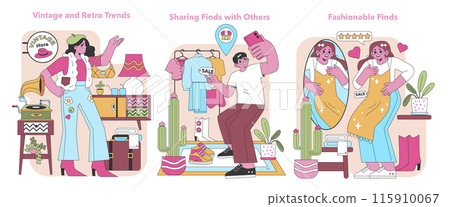 Chic thrift set. Shoppers indulge in vintage charm, share exceptional finds, and flaunt their fashion flair from secondhand treasures. Retro aesthetic meets modern sustainability. Vector illustration. Chic thrift set. Shoppers indulge in vintage charm, share exceptional finds, and flaunt their fashion flair from secondhand treasures. Retro aesthetic meets modern sustainability. Vector illustration. 115910067