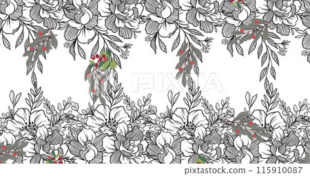 Digital image of multiple leaves icons against floral designs on white background Digital image of multiple leaves icons against floral designs on white background 115910087