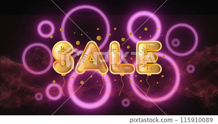 Digital image of sale text golden foil balloons over neon circular shapes against diigtal waves 115910089