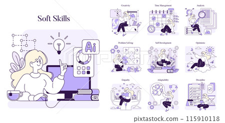 Soft Skills set. Portrayal of essential interpersonal abilities. Communication, teamwork, creativity, and problem-solving highlighted. Modern workplace competencies depicted. Vector illustration Soft Skills set. Portrayal of essential interpersonal abilities. Communication, teamwork, creativity, and problem-solving highlighted. Modern workplace competencies depicted. Vector illustration 115910118