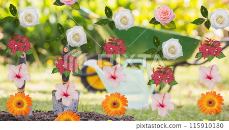 Multiple colorful flowers icons in seamless pattern floating against garden in background 115910180