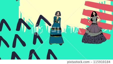 Image of fashion drawings of women's dresses over abstract shapes on blue background Image of fashion drawings of women's dresses over abstract shapes on blue background 115910184