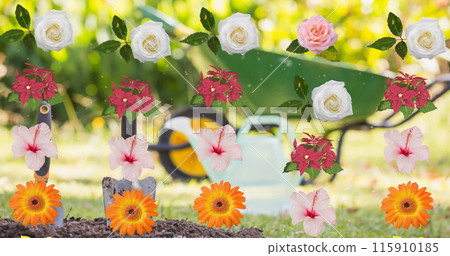 Multiple colorful flowers icons in seamless pattern floating against garden in background Multiple colorful flowers icons in seamless pattern floating against garden in background 115910185