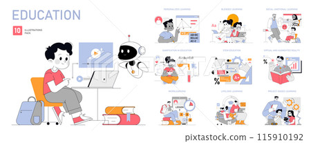 Education set. Modern learning methods and technologies. Personalized and blended instruction, STEM, AR, VR, and emotional intelligence. Vector illustration. Education set. Modern learning methods and technologies. Personalized and blended instruction, STEM, AR, VR, and emotional intelligence. Vector illustration. 115910192
