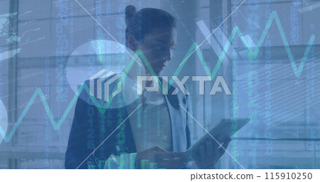 Image of financial data processing over caucasian businesswoman in office 115910250