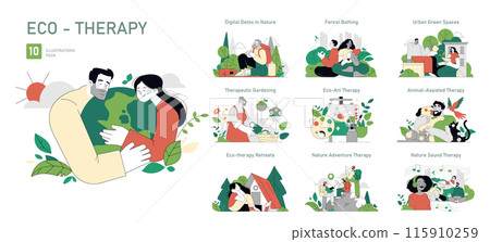 Eco-Therapy set. Healing interactions with nature and animals. Digital detox, forest bathing, gardening, and urban green spaces illustration. Vector illustration. Eco-Therapy set. Healing interactions with nature and animals. Digital detox, forest bathing, gardening, and urban green spaces illustration. Vector illustration. 115910259