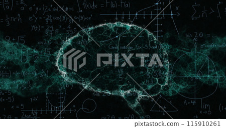 Image of mathematical equations over digital model of human brain on black background 115910261