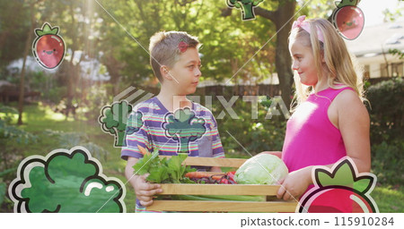 Image of fruit and vegetables icons over happy caucasian siblings with box of vegetables Image of fruit and vegetables icons over happy caucasian siblings with box of vegetables 115910284