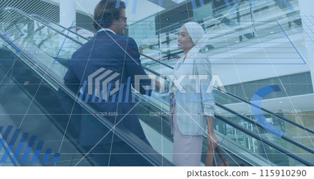 Image of financial data processing over diverse business people in office 115910290