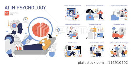 AI in Psychology set. Integration of artificial intelligence in mental health practices. Emotional recognition, predictive analytics, and therapeutic robotics. Vector illustration. 115910302