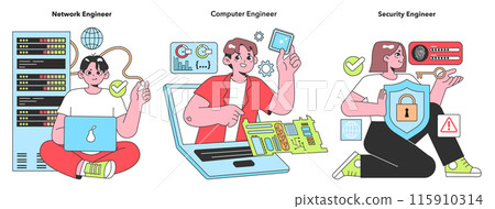 Dynamic vector illustration depicting IT professionals a Network Engineer, a Computer Engineer, and a Security Engineer amidst their specialized tech environments Dynamic vector illustration depicting IT professionals a Network Engineer, a Computer Engineer, and a Security Engineer amidst their specialized tech environments 115910314