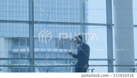 Image of financial data processing over diverse business people in office 115910316