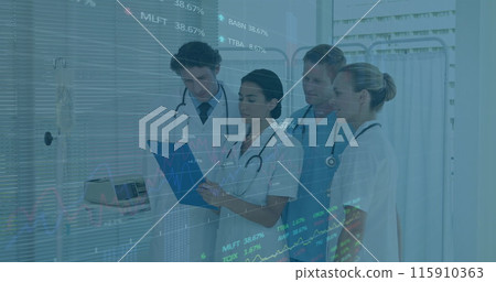 Image of graphs and data over diverse female and male doctors during consultation 115910363