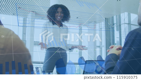 Image of financial data processing over diverse business people in office Image of financial data processing over diverse business people in office 115910375