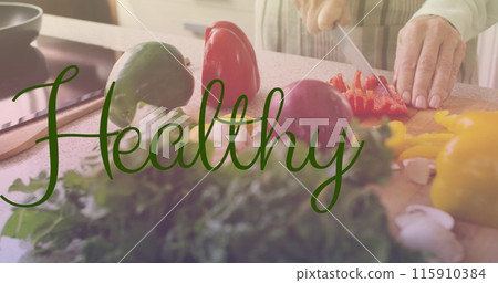 Image of healthy text in green letters over caucasian woman cutting vegetables 115910384