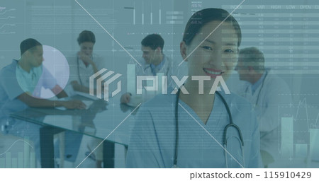 Image of graphs and data over happy biracial female doctor and diverse doctors in background 115910429