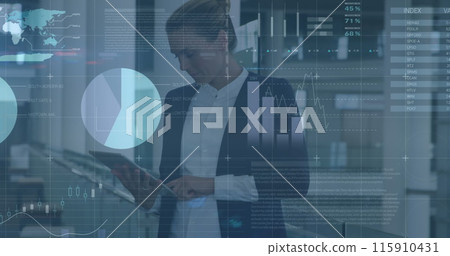 Image of financial data processing over caucasian businesswoman in office 115910431