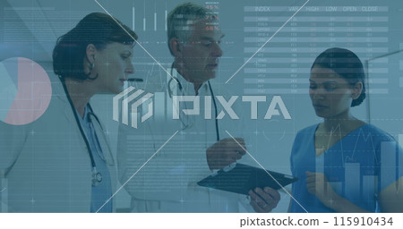 Image of graphs and data over diverse female and male doctors during consultation 115910434