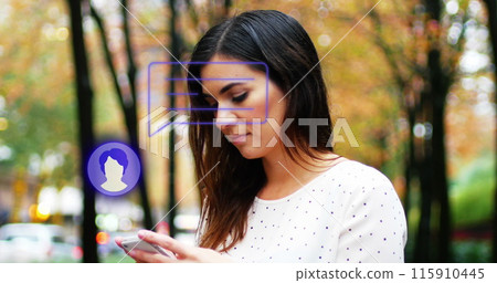Image of person icon and speech bubble over caucasian woman using smartphone in park 115910445