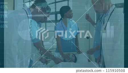 Image of graphs and data over diverse female and male doctors with patient Image of graphs and data over diverse female and male doctors with patient 115910508