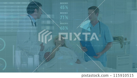 Image of graphs and data over diverse female and male doctors with female patient 115910515