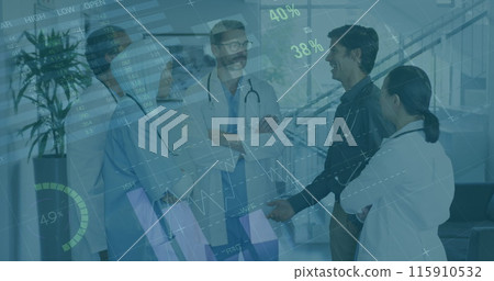 Image of graphs and data over diverse female and male doctors during consultation Image of graphs and data over diverse female and male doctors during consultation 115910532