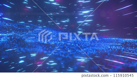 Image of blue dots forming waves and glowing lines rotating in loop Image of blue dots forming waves and glowing lines rotating in loop 115910545