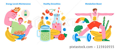 Healthy Snacking set. Portraying energy sustenance, nutritious smoothies, and metabolism enhancement. Choices for well-being and active lifestyle. Vector illustration. Healthy Snacking set. Portraying energy sustenance, nutritious smoothies, and metabolism enhancement. Choices for well-being and active lifestyle. Vector illustration. 115910555