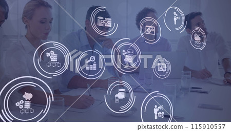 Image of network of digital icons over diverse business people 115910557