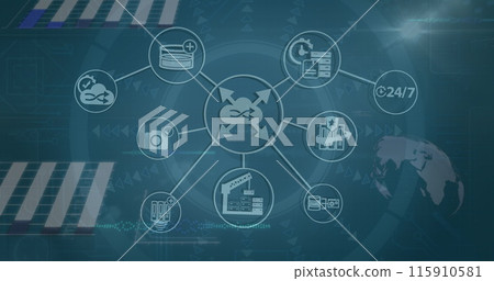 Image of tech icons and motherboard on green digital screen 115910581