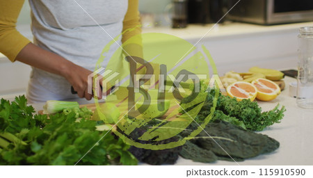 Image of bio text over biracial woman cooking 115910590