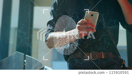 Image of financial data over fit caucasian businessman using smartphone 115910591