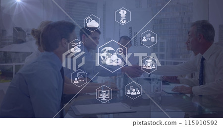 Image of network of digital icons over diverse businessmen shaking hands 115910592