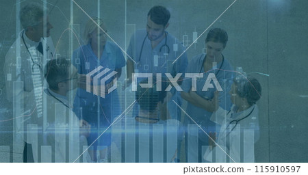 Image of graphs and data over diverse female and male doctors during consultation 115910597