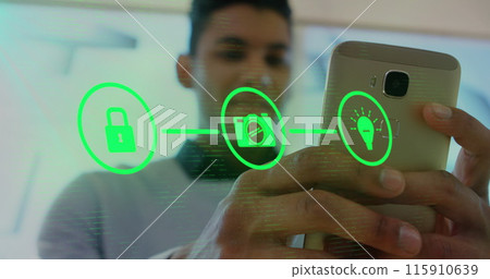 Image of network with digital icons over biracial man using smartphone Image of network with digital icons over biracial man using smartphone 115910639