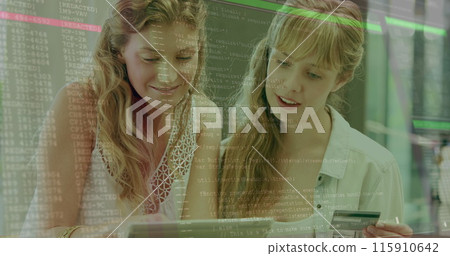 Image of lines and data processing over happy caucasian women doing online shopping Image of lines and data processing over happy caucasian women doing online shopping 115910642