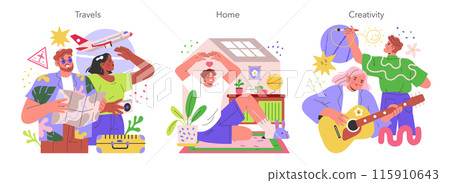 Life Balance set. Depiction of people enjoying travel, home life, and creativity. Exploring the world, cherishing domestic comfort, and expressing artistic talents. Vector illustration. 115910643