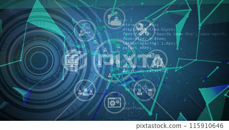 Image of tech icons and connections on green digital screen Image of tech icons and connections on green digital screen 115910646